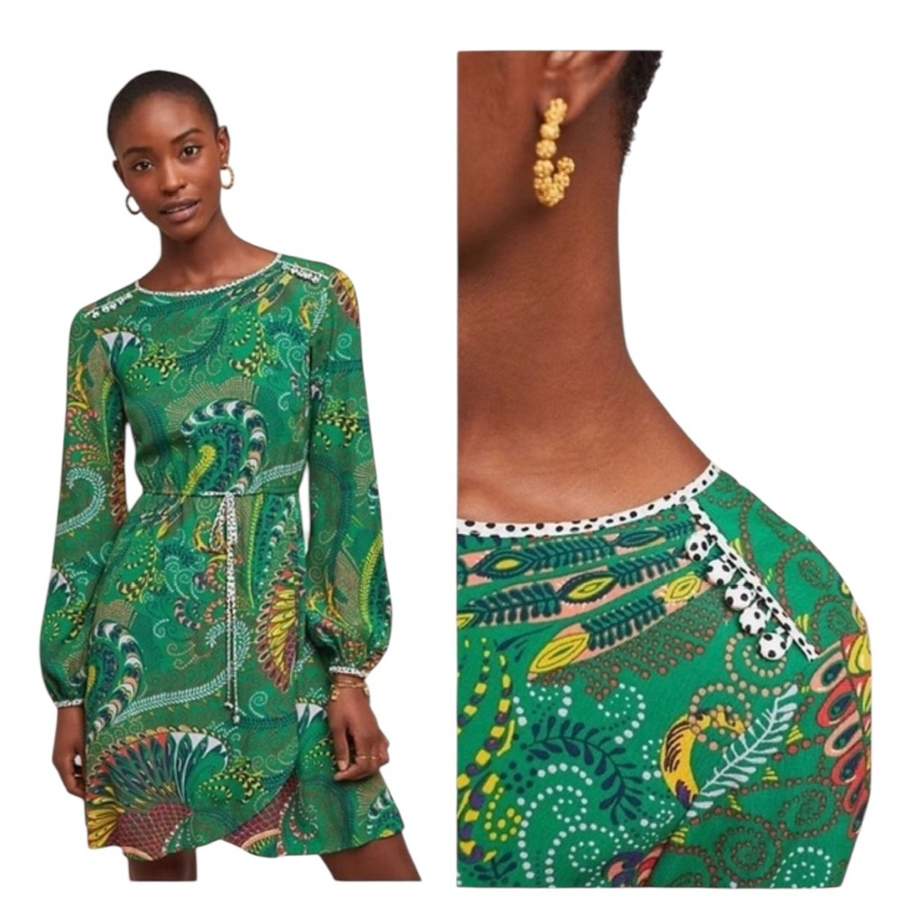 Anthropologie Green Paisley Mini Dress